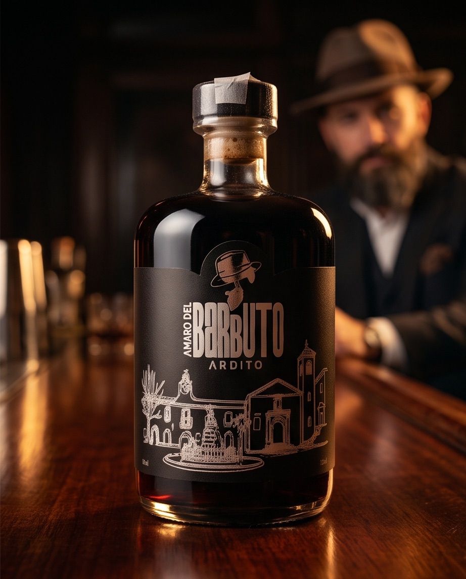 La bottiglia di Amaro del Barbuto sul bancone, il Barbuto sullo sfondo